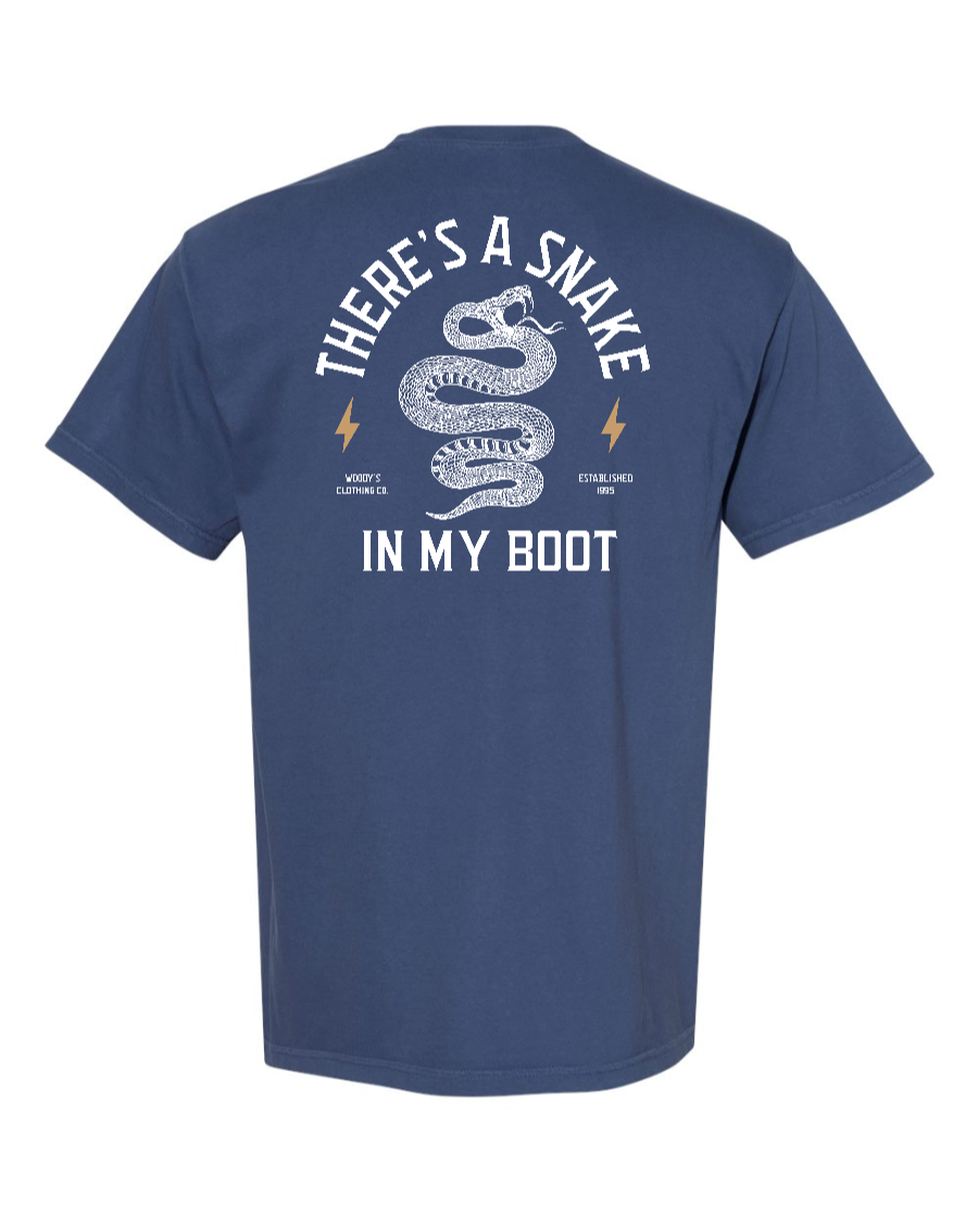 Blue Snake in My Boot T-Shirt by Corner of Main, 100% cotton, featuring a snake graphic on the back of a casual T-shirt.
