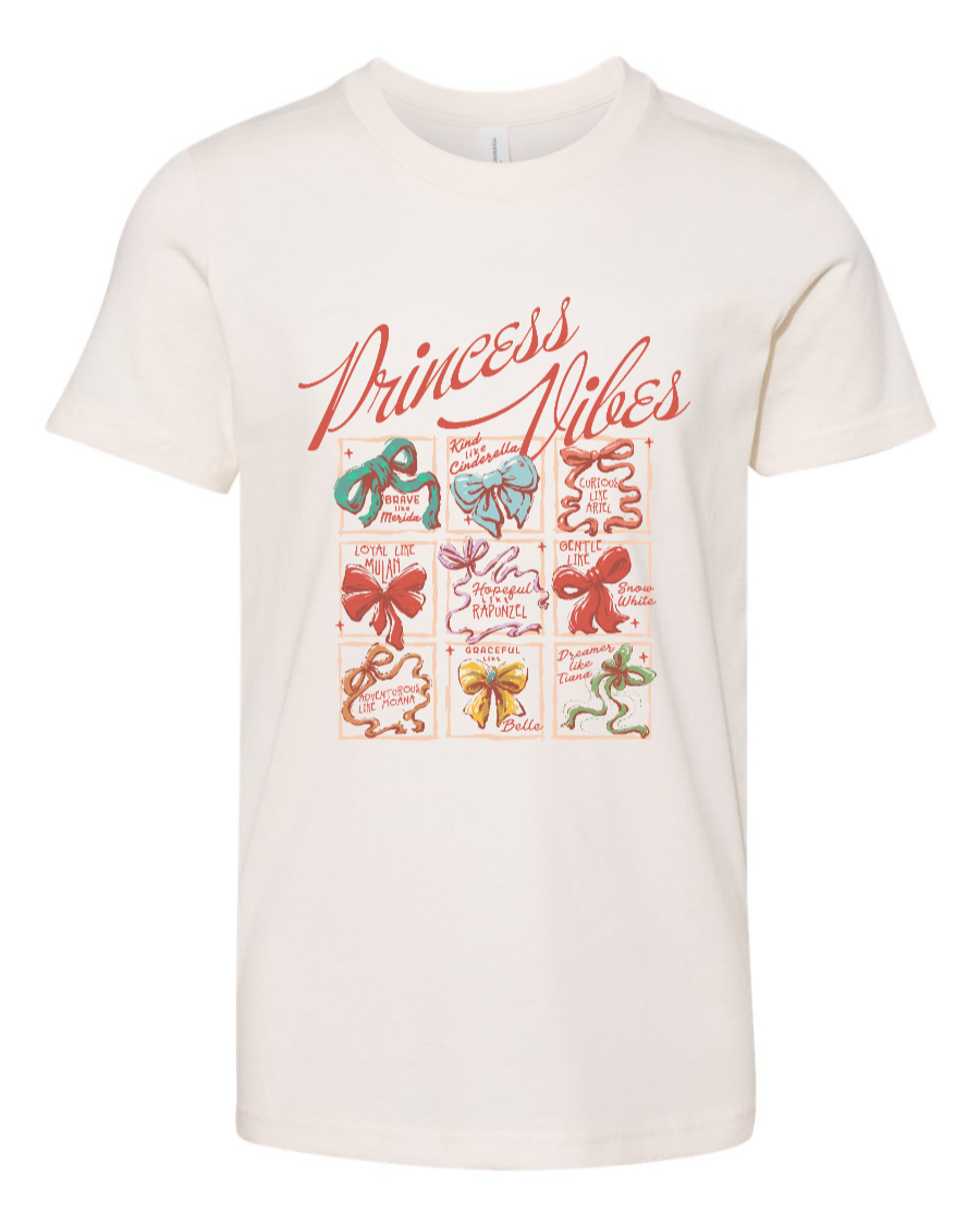 Corner of Main Princess Vibes youth T-shirt in natural color, front view showing vibrant graphic design.