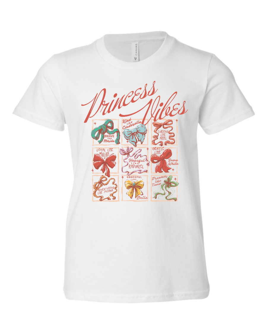 White Princess Vibes youth T-shirt by Corner of Main featuring a stylish graphic front design.