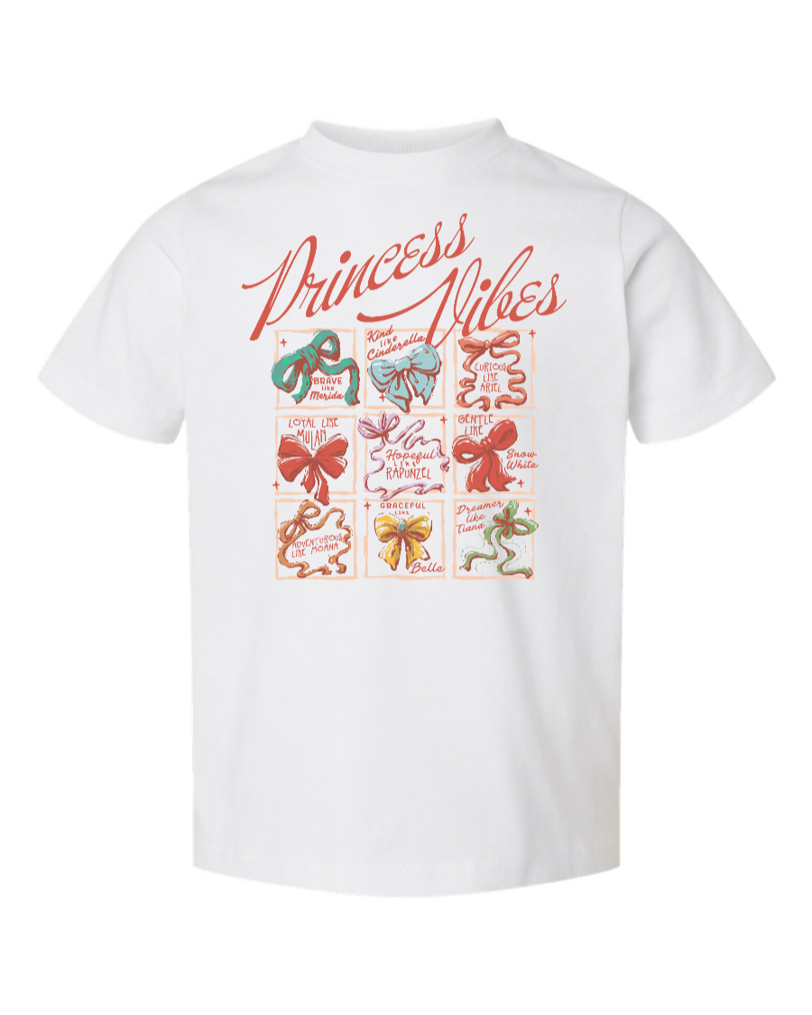 White Princess Vibes toddler T-shirt by Corner of Main featuring a cute, comfortable kids' shirt with princess-themed design.