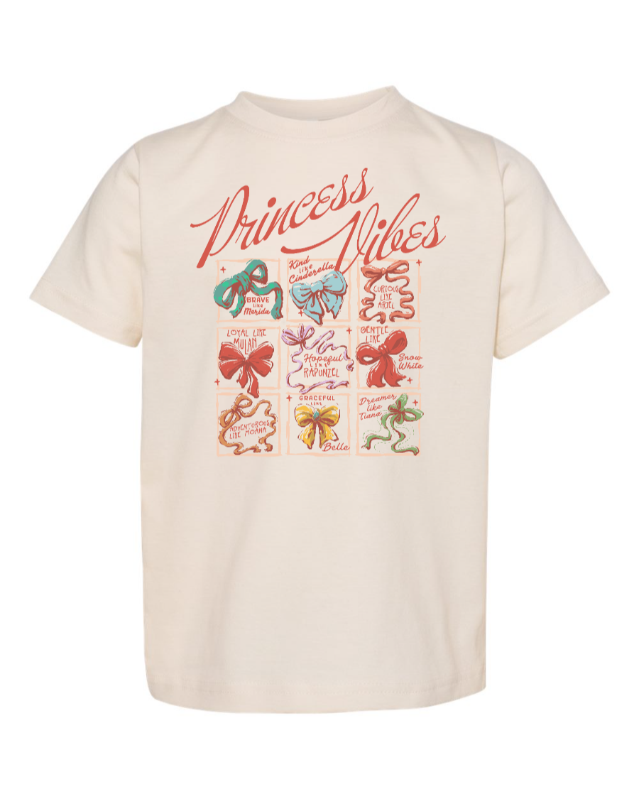 Toddler girls' Princess Vibes T-shirt by Corner of Main, natural-colored kids' shirt with a front graphic design.