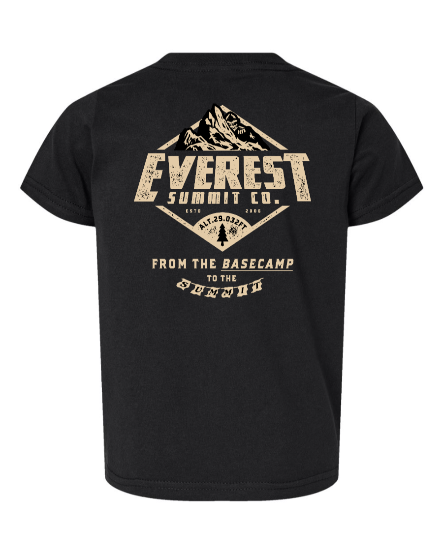 Black toddler t-shirt from Corner of Main featuring Everest Summit Co branding, displayed from the back.