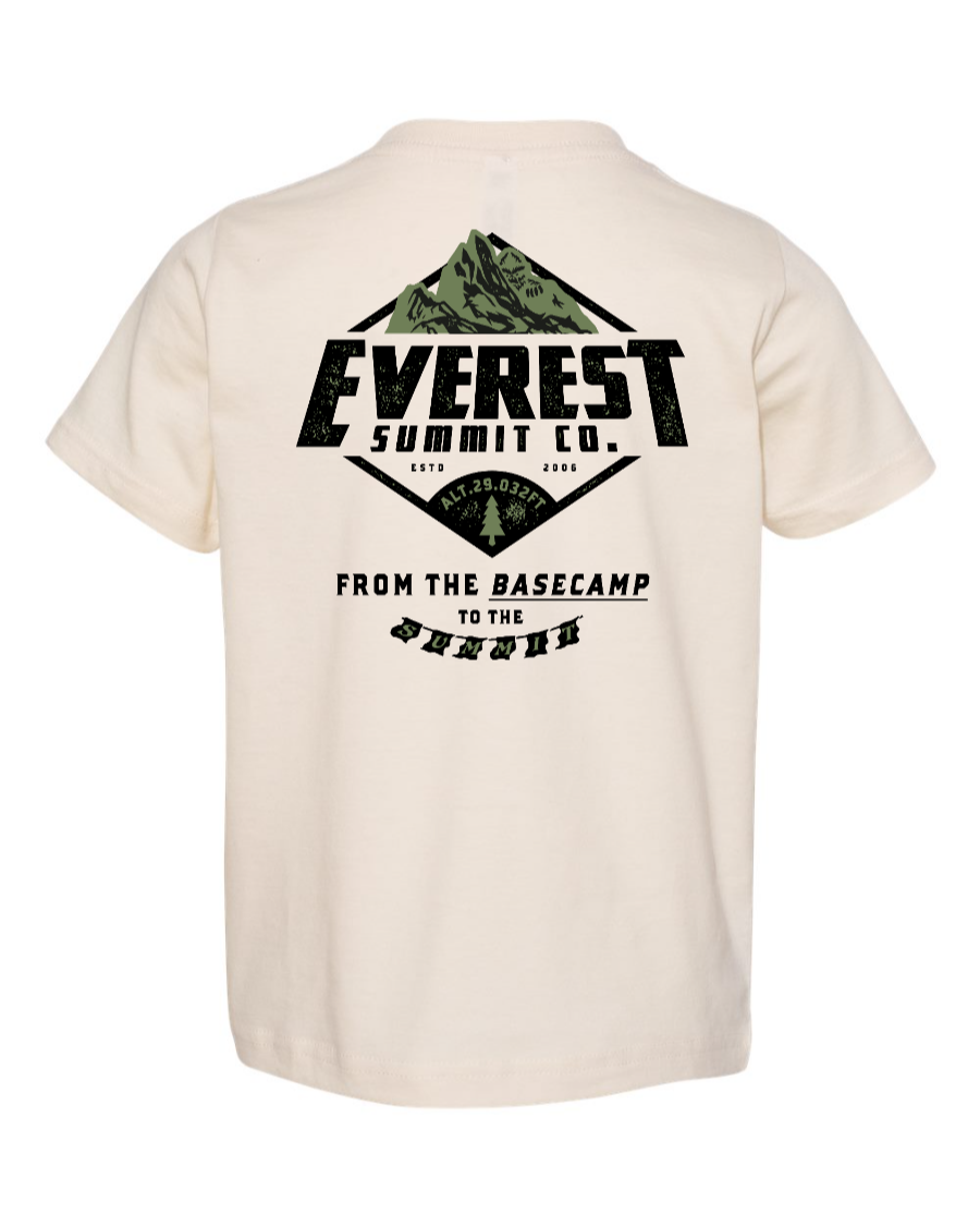 Corner of Main toddler T-shirt featuring Everest Summit Co design, natural back view, soft cotton kids shirt for little adventurers.