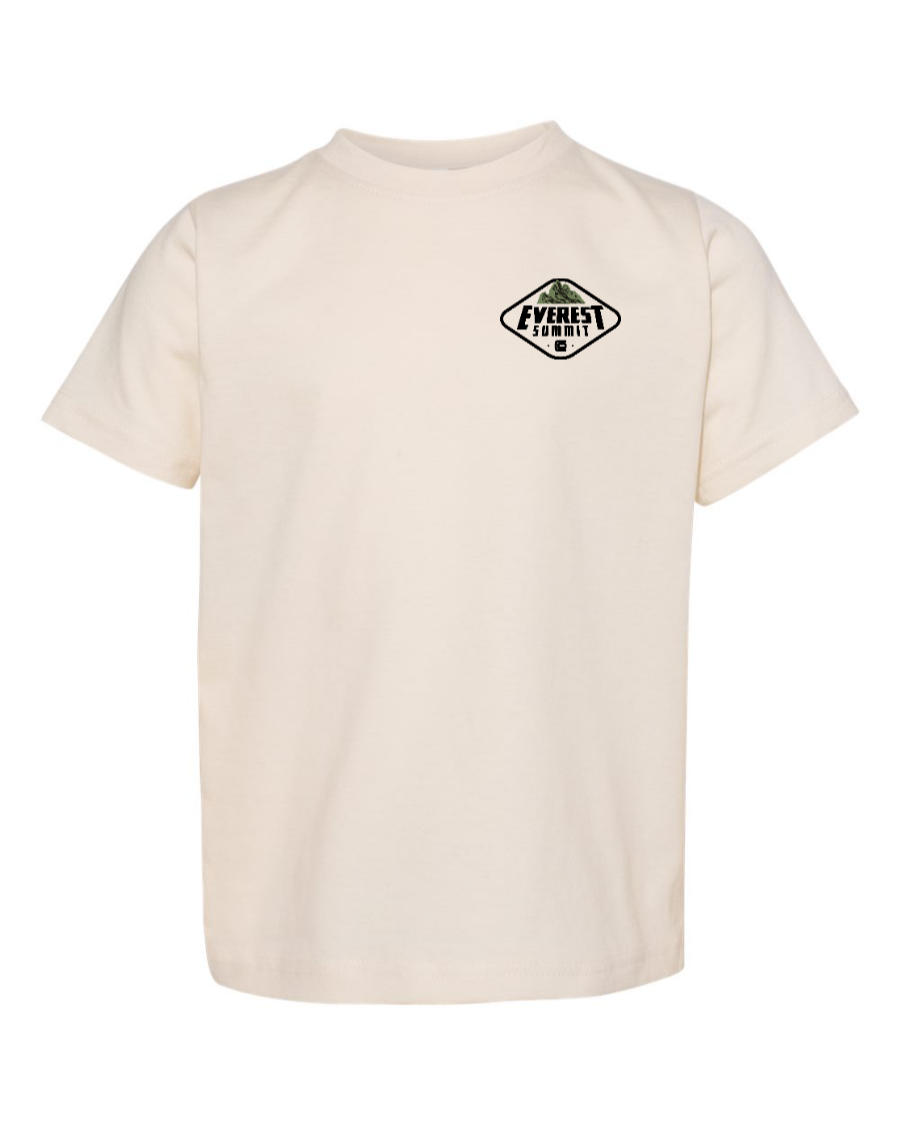 Corner of Main toddler T-shirt featuring Everest Summit Co branding, natural color, and a small chest logo.