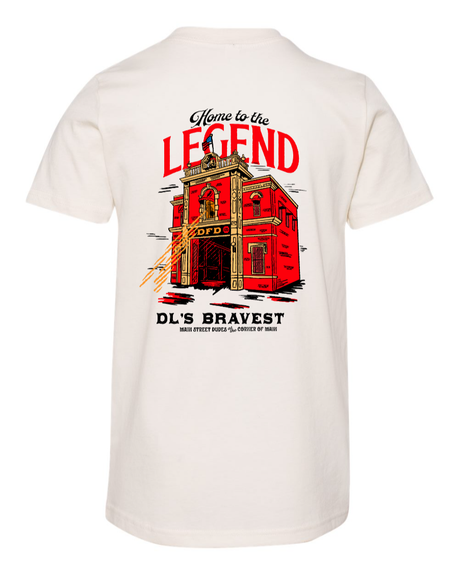 Kids' natural-colored "Home to the Legend" youth T-shirt by Corner of Main, featuring a comfortable fit and stylish design.