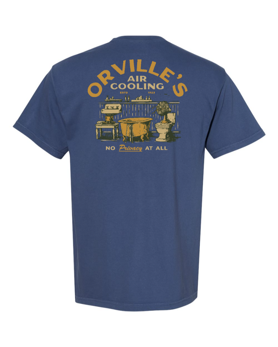 Blue cotton T-shirt featuring Orville's Air Cooling Carousel of Progress design by Corner of Main.