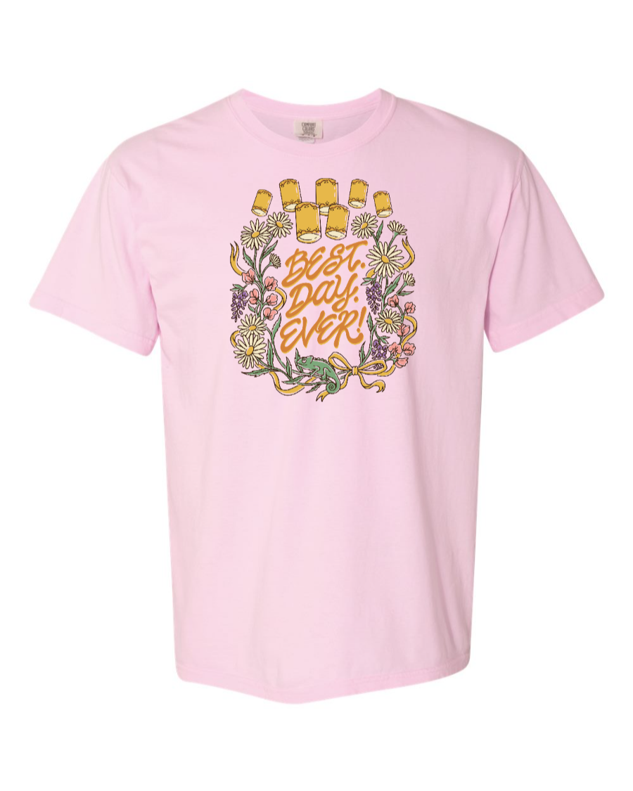 Corner of Main Best Day Ever! 100% cotton T-shirt featuring a blossom graphic on the front for a stylish casual look.