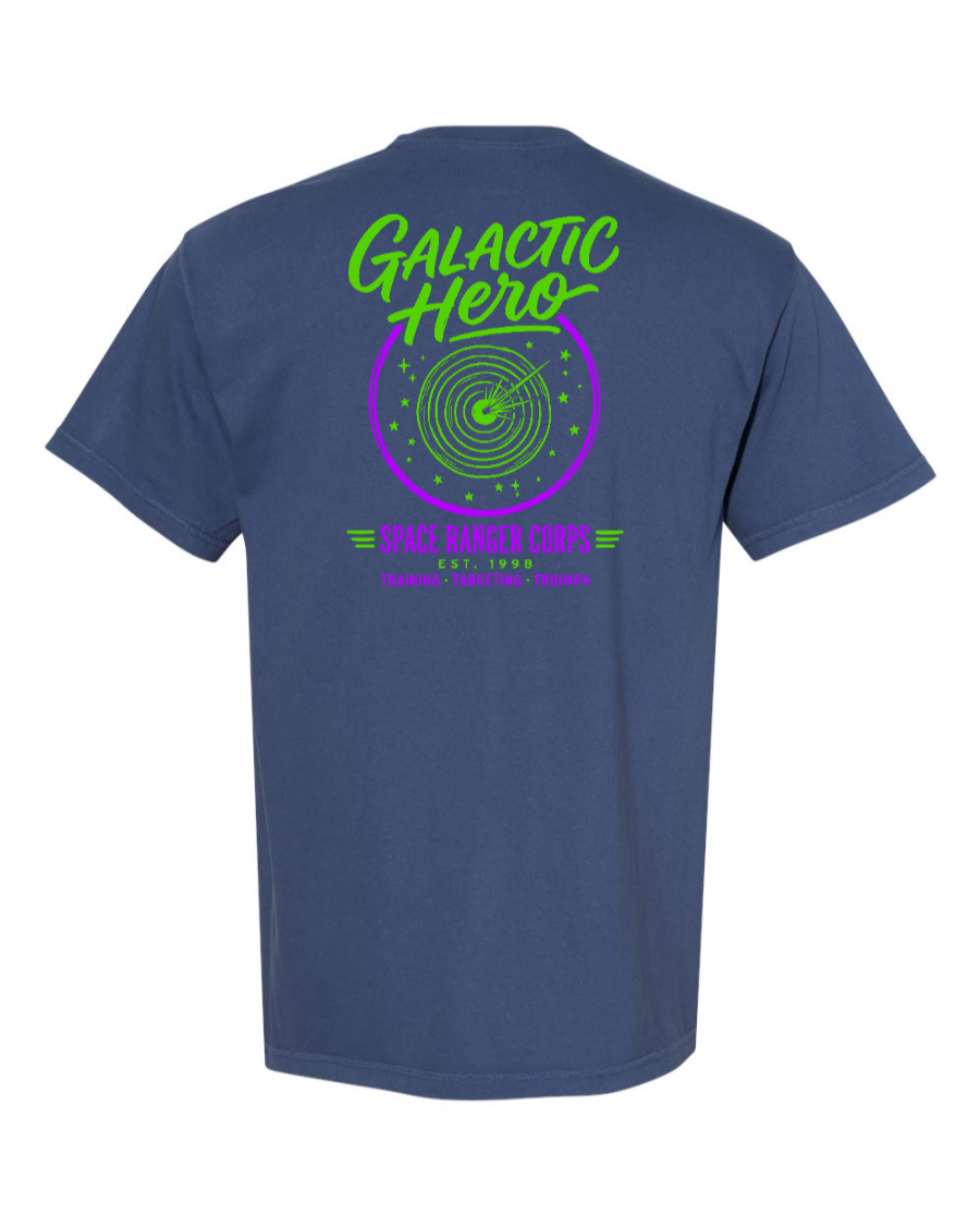 Blue Galactic Hero 100% Cotton T-Shirt by Corner of Main with space-themed graphic on the back.