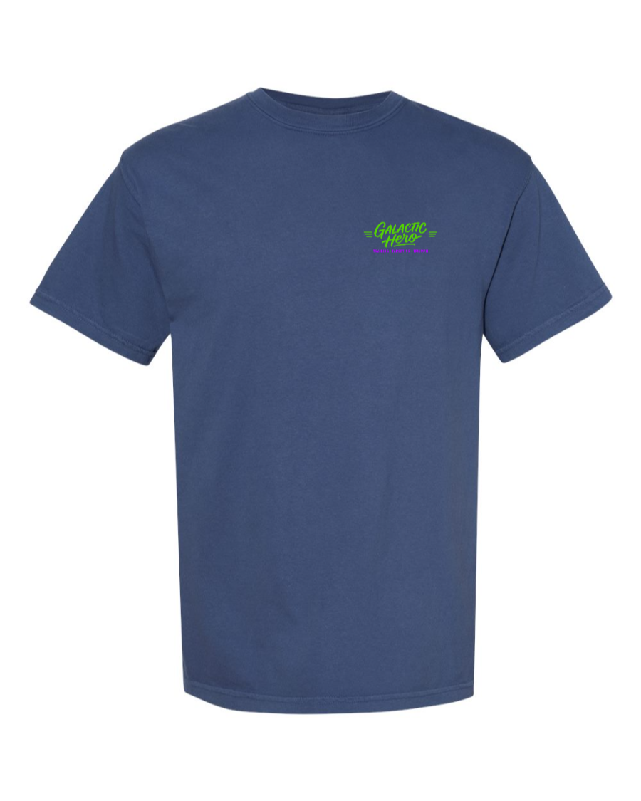 Corner of Main Galactic Hero 100% cotton blue T-shirt with graphic design on the left chest area.