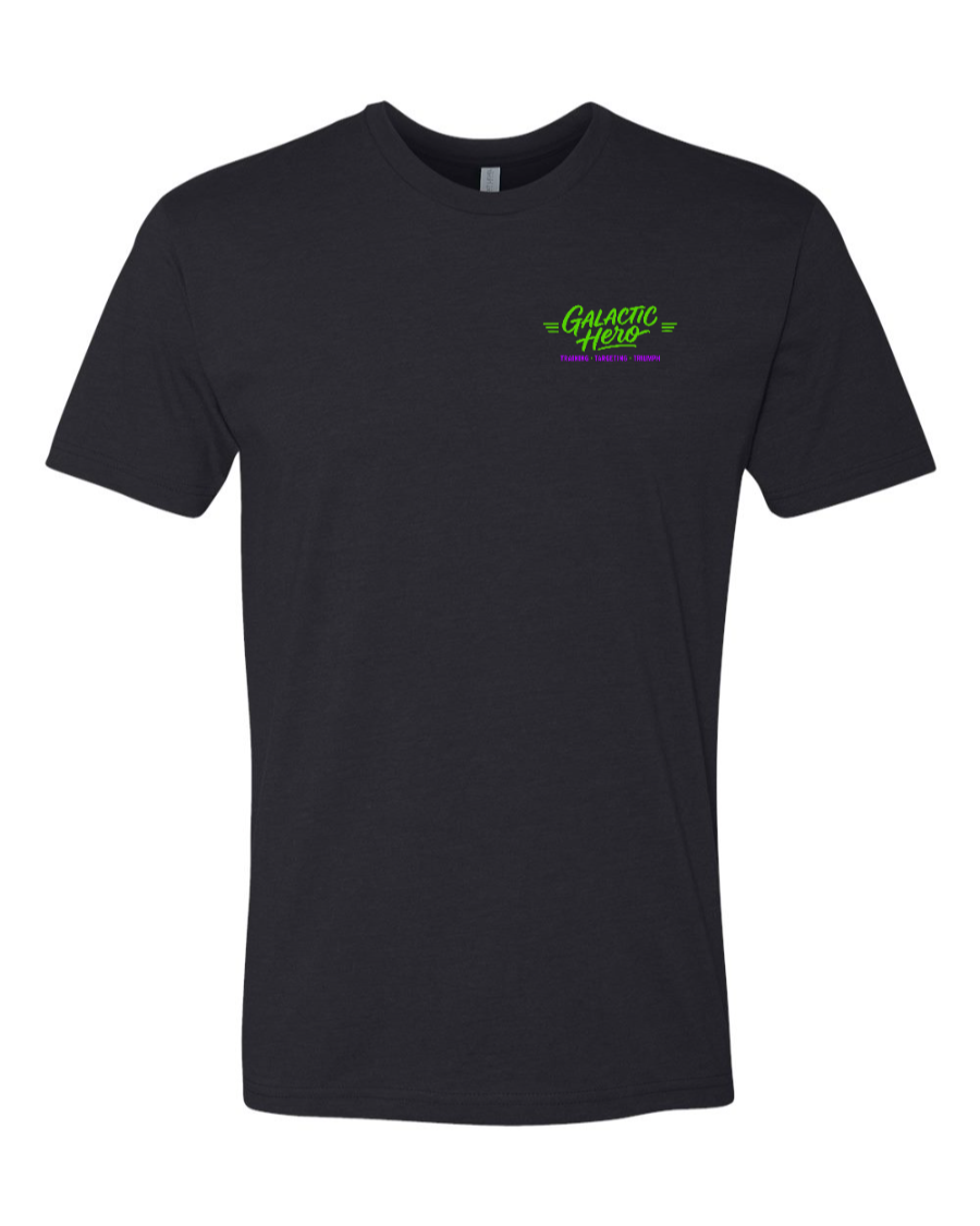 Black Corner of Main Galactic Hero T-shirt with logo design on the left chest, casual unisex graphic tee.