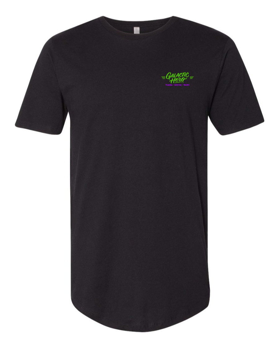 Black Galactic Hero T-Shirt by Corner of Main featuring a long body design and a space-themed graphic on the left chest.