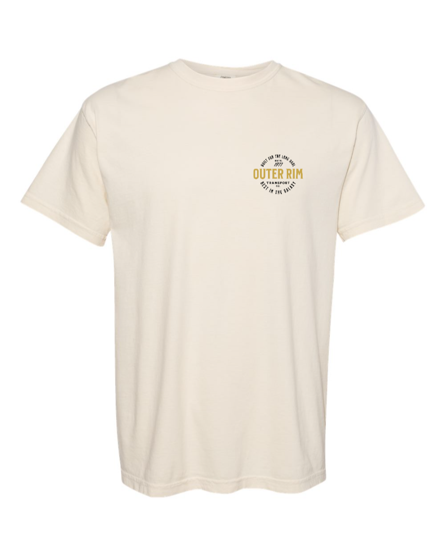 Corner of Main ivory cotton T-shirt with "Never Tell Me the Odds" printed on the left chest, casual and comfortable fit.