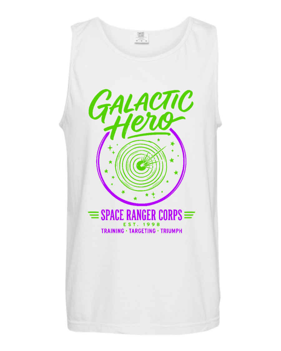 White Galactic Hero Tank Top by Corner of Main, front view showcasing space-themed graphic design and comfortable fit.