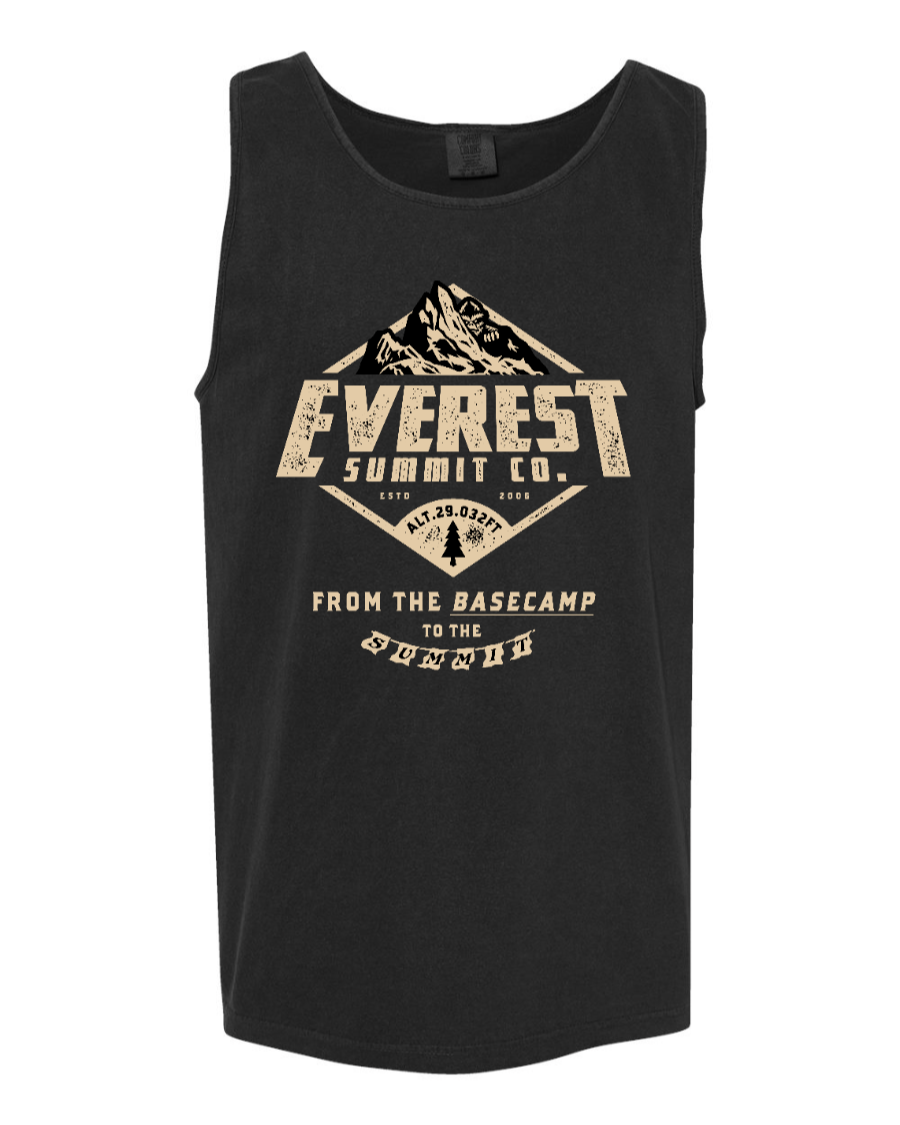 Black Corner of Main Everest Summit Co tank top displayed on a hanger, showcasing a casual sleeveless design.