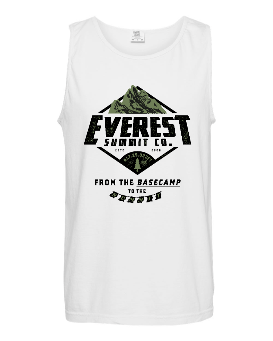 White Corner of Main Everest Summit Co tank top with front view, lightweight sleeveless design, casual style for active wear.