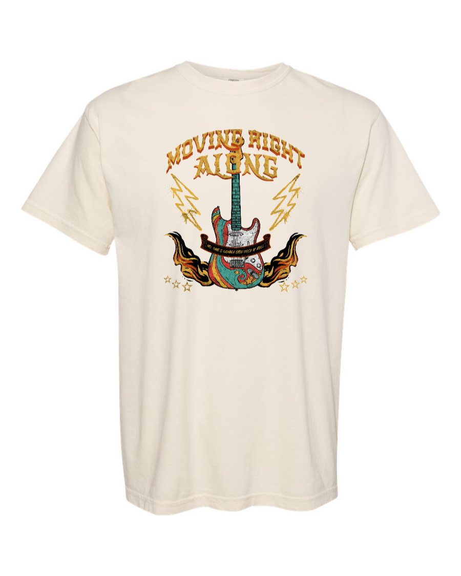 Ivory cotton T-shirt featuring the "Moving Right Along" Rock n' Roller Coaster graphic by Corner of Main.