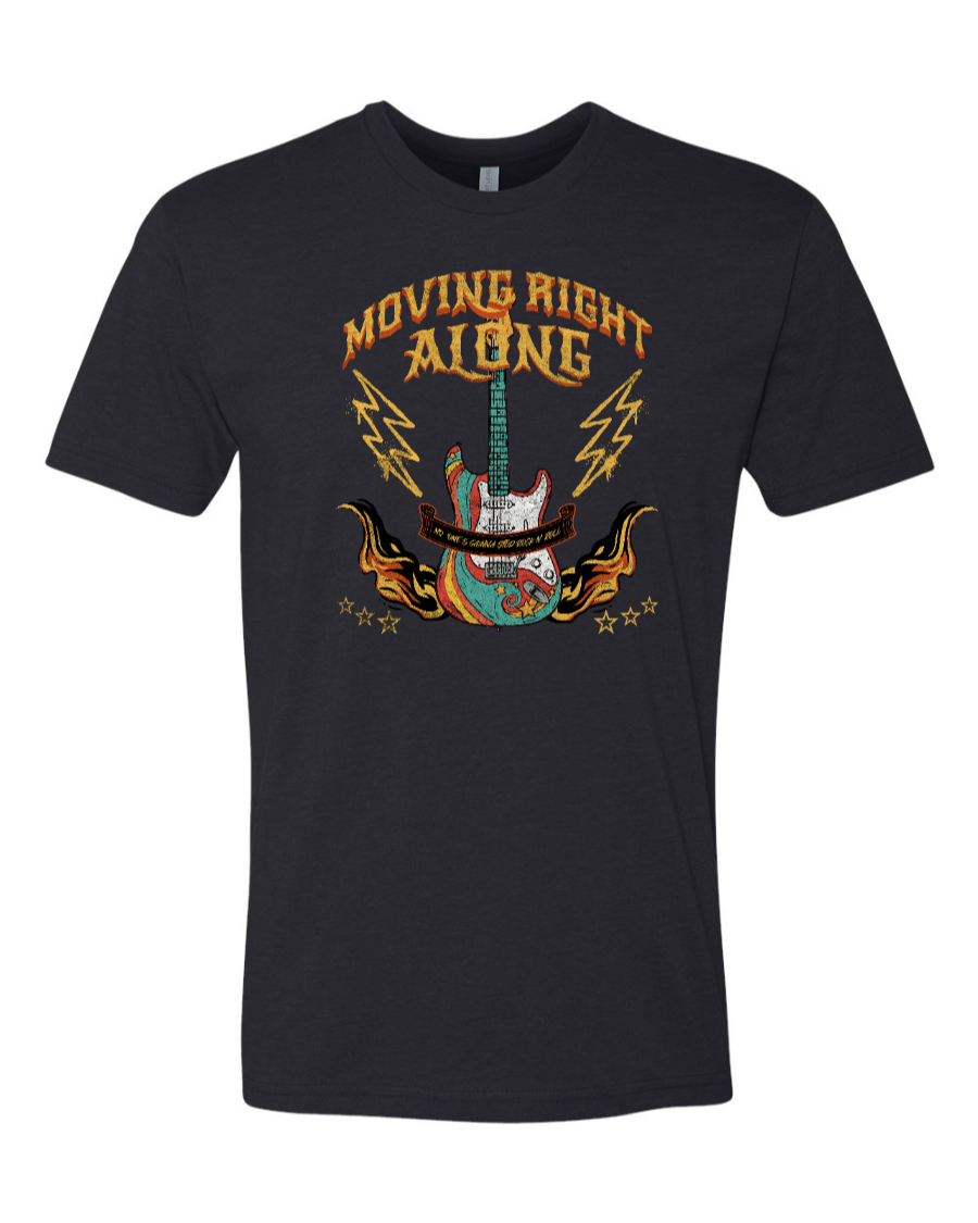 Black Corner of Main Moving Right Along Rock n' Roller Coaster T-shirt front view with graphic design