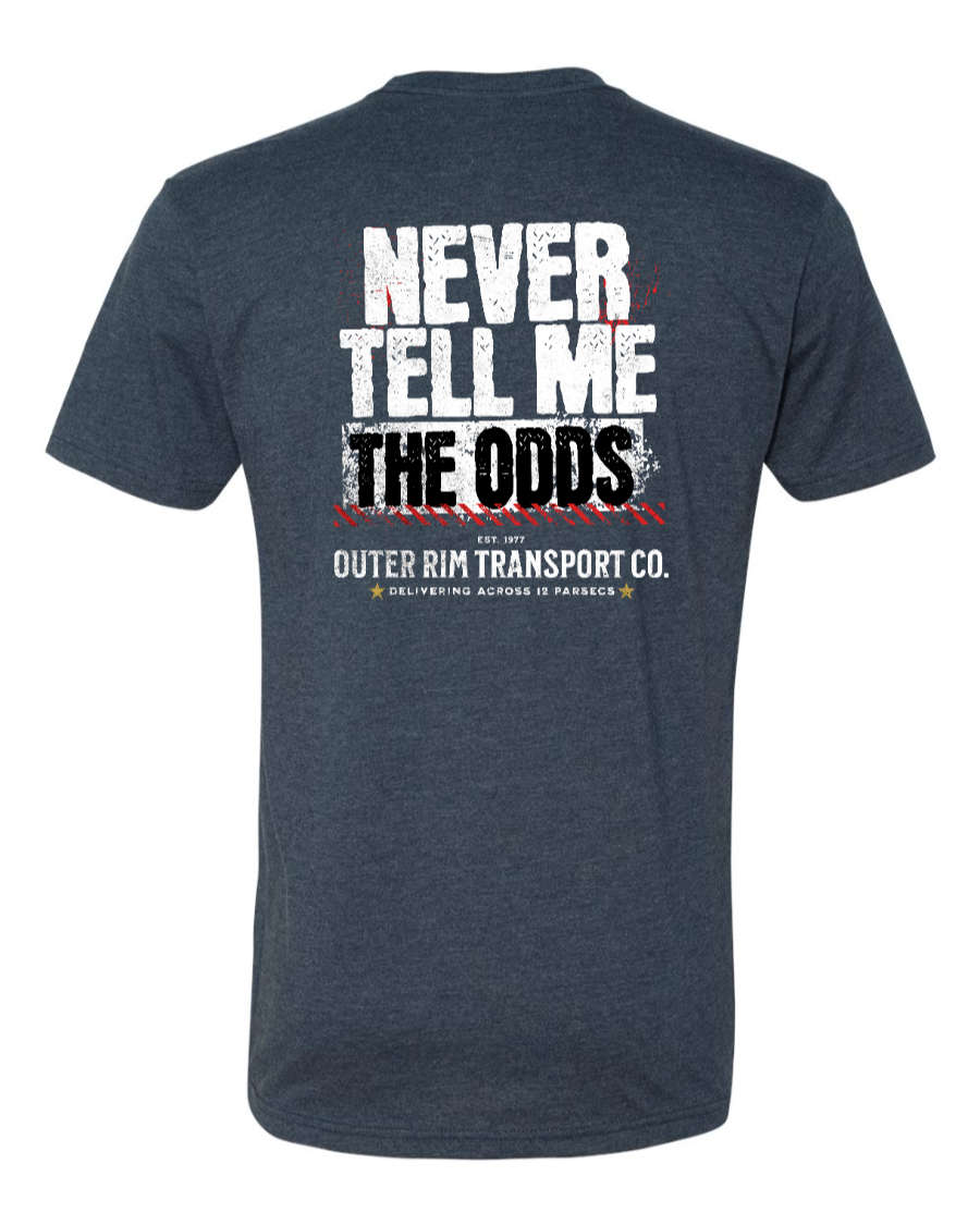 Corner of Main Never Tell Me the Odds T-shirt in midnight navy, showing the back design and comfortable fit.