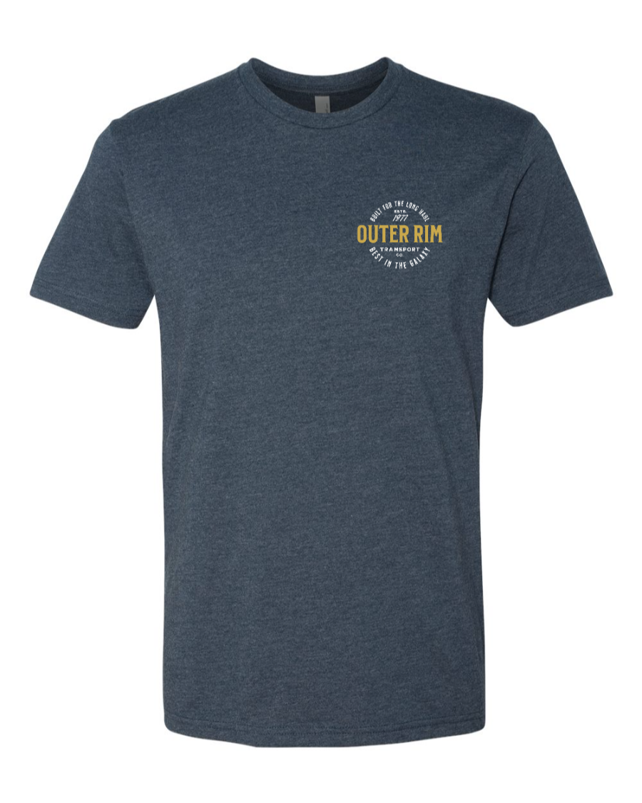 Corner of Main Never Tell Me the Odds T-shirt in midnight navy, featuring a left chest design, casual fit, and soft fabric.