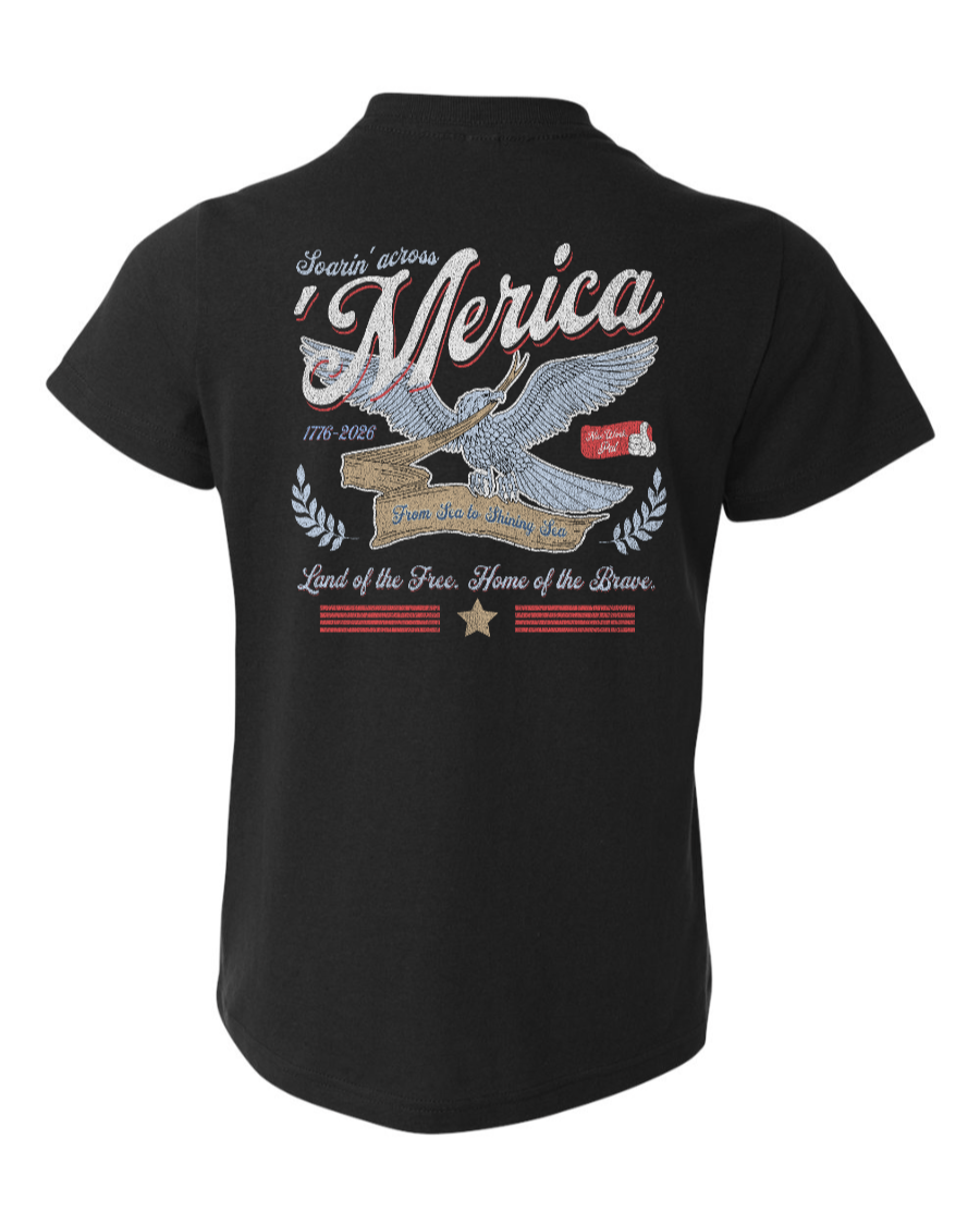 Black youth T-shirt featuring a patriotic design from Corner of Main's Soarin' Across 'Merica collection.