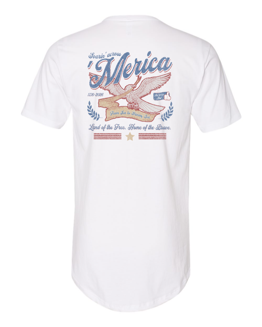 White long body t-shirt by Corner of Main featuring Soarin' Across 'Merica design on the back.