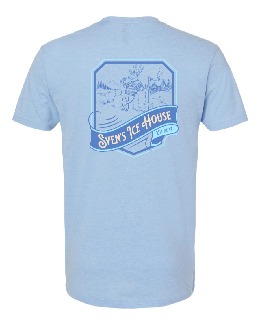 Corner of Main Sven's Ice House Next Level T-Shirt in Heather Columbia Blue, featuring a casual fit and graphic design on the back.