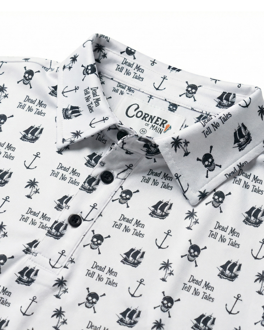 Corner of Main Pirates Polo from Dead Men Tell No Tales collection, featuring a navy polo shirt with pirate-themed embroidery.