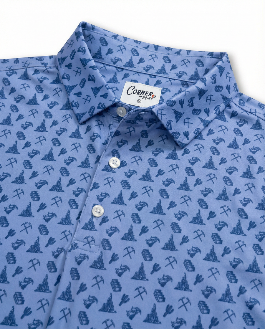 Open-front view of Corner of Main Big Thunder Mining Polo, a casual men's polo shirt with a classic collar and button placket.
