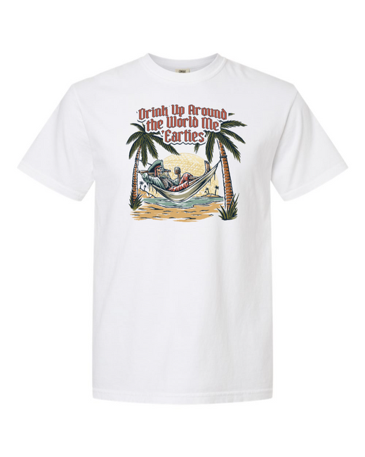 White Drink Up Around the World Me 'Earties cotton T-shirt by Corner of Main, featuring globe-themed design on front.