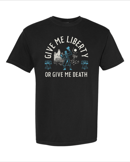 Black Give Me Liberty cotton T-shirt by Corner of Main, front view showing the printed design.