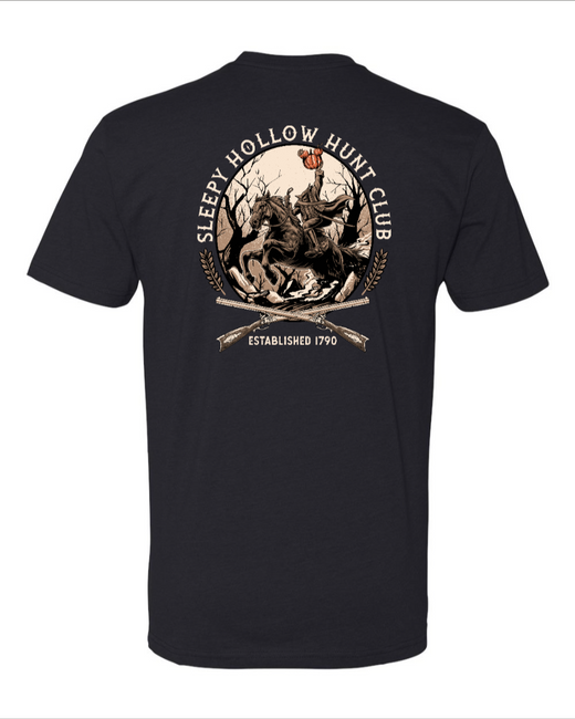 Black Sleepy Hollow Hunt Club T-shirt by Corner of Main featuring a front and back design of the Hunt Club logo.