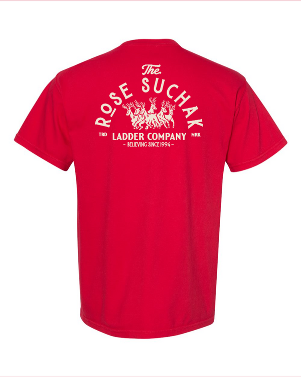 Red cotton T-shirt by Corner of Main featuring the Rose Suchak Ladder Co design on the back.