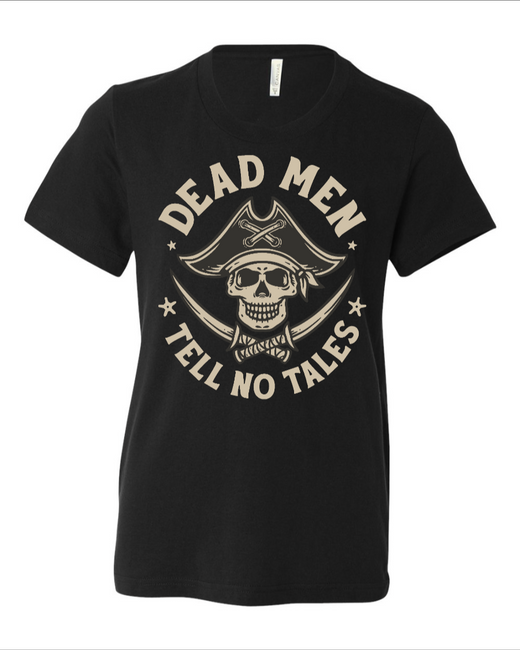Black kids' T-shirt featuring the "Dead Men Tell No Tales" design by Corner of Main, front view with graphic print.