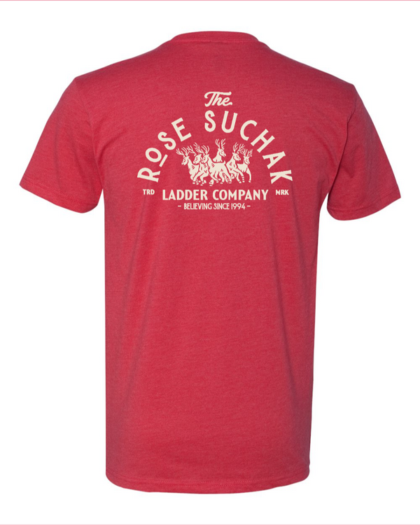 Kids' red Next Level T-shirt by Corner of Main featuring the Rose Suchak Ladder Co design, shown from the back.