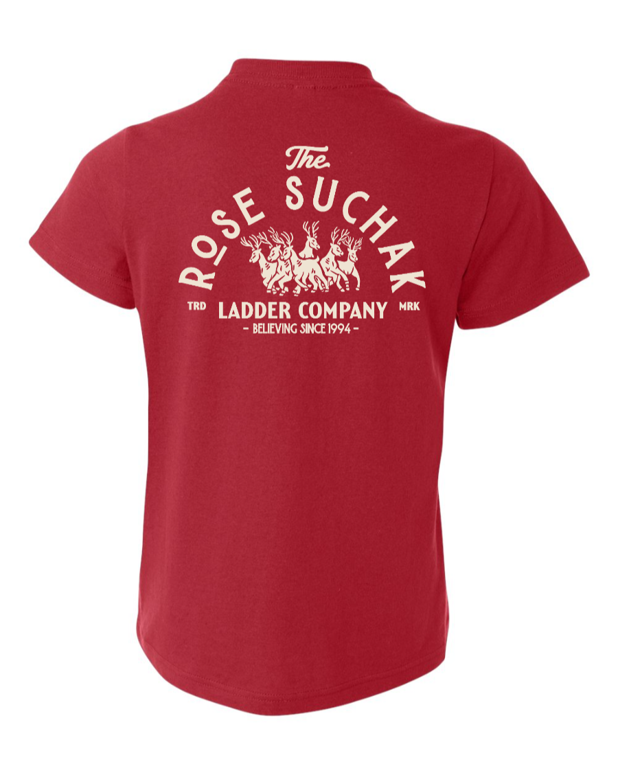 Red kids' T-shirt from Corner of Main featuring a Rose Suchak Ladder Co design, suitable for youth wear.