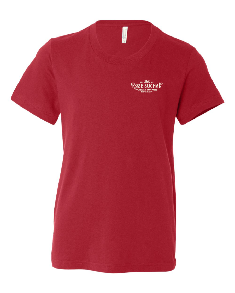 Red kids' T-shirt from Corner of Main featuring the Rose Suchak Ladder Co logo on the left chest.