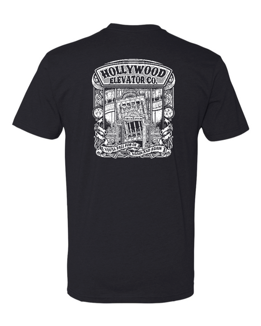 Black Corner of Main Hollywood Elevator Co Next Level short sleeve T-shirt with logo on back, casual men's apparel.