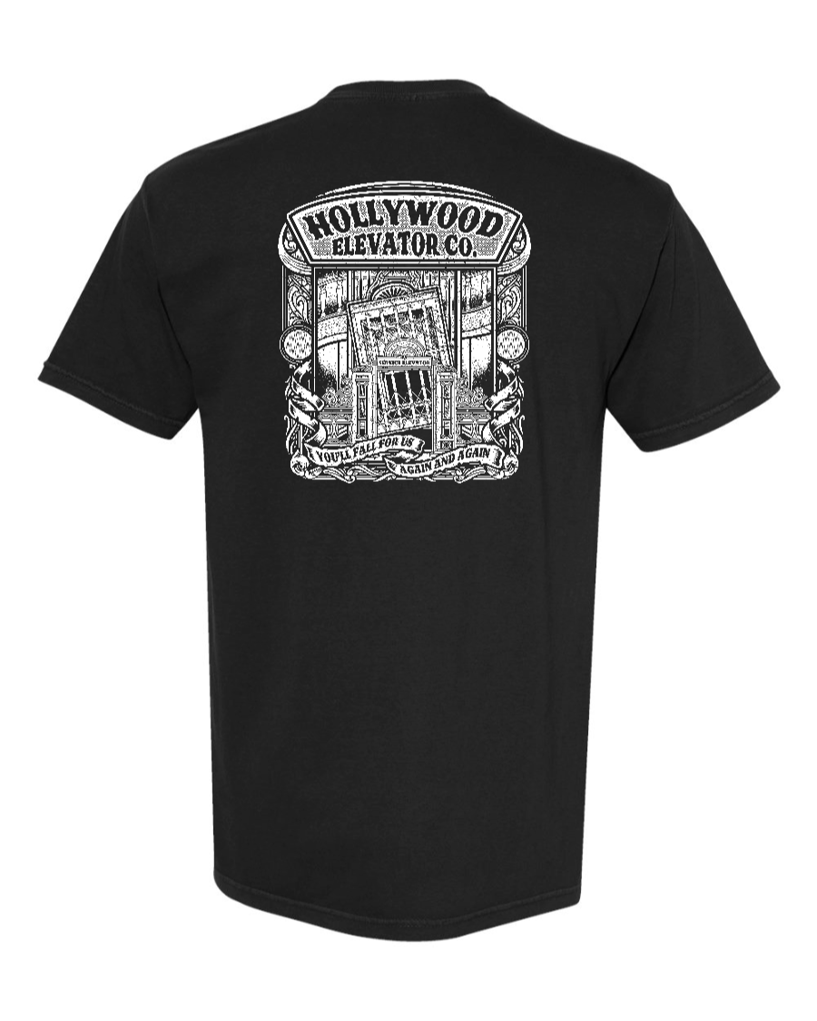 Black cotton T-shirt from Hollywood Elevator Co by Corner of Main, showing the back design.