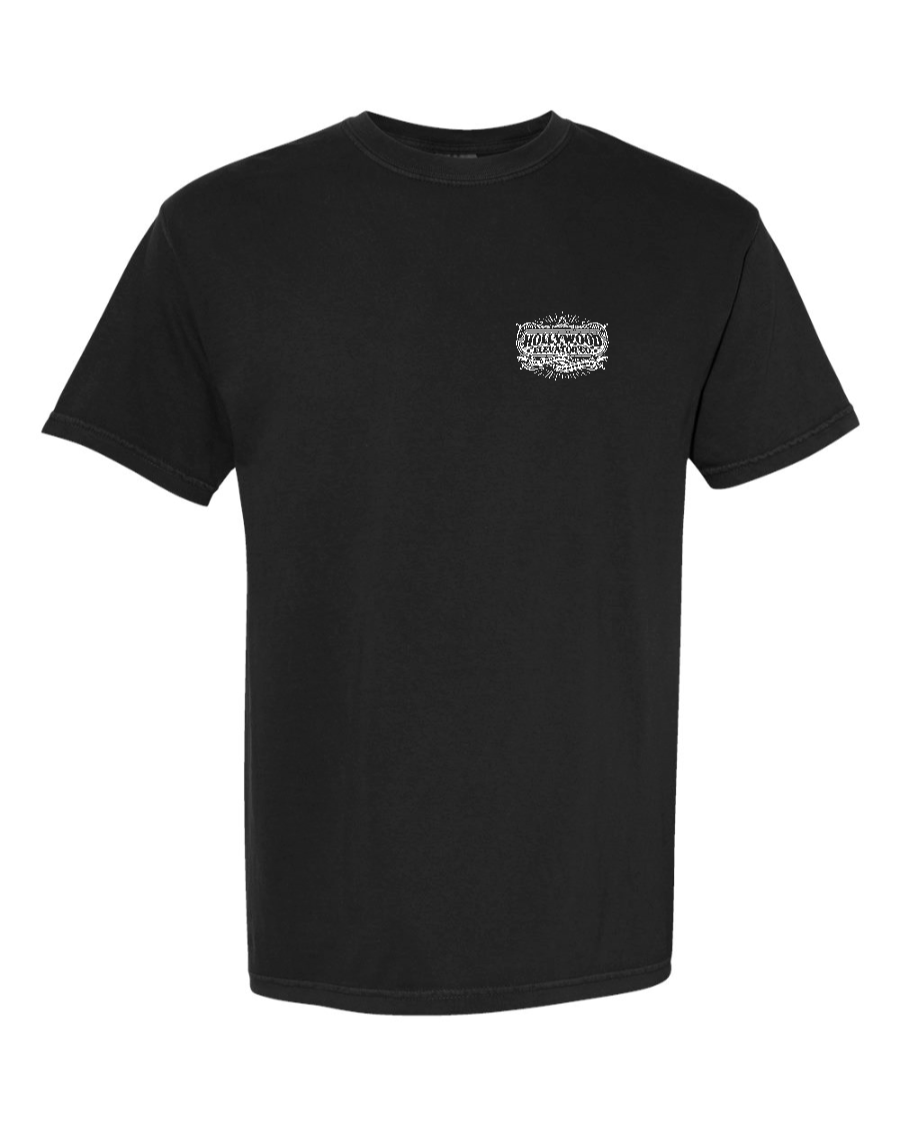Black cotton t-shirt by Corner of Main featuring Hollywood Elevator Co branding on the left chest.