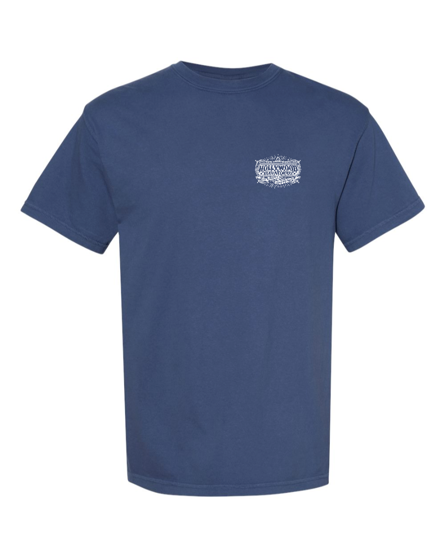 Corner of Main Hollywood Elevator Co cotton T-shirt in blue, featuring a left chest logo design.