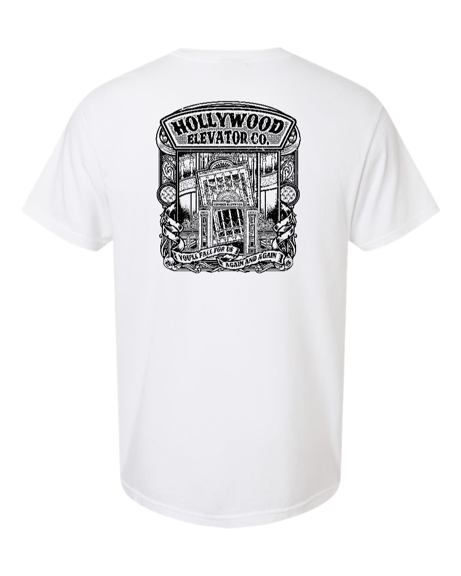 White Hollywood Elevator Co cotton T-shirt from Corner of Main, showing the back design with a casual fit and soft fabric.