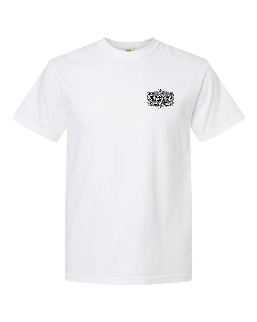White Hollywood Elevator Co cotton T-shirt with left-chest logo from Corner of Main, casual and comfortable men's clothing.