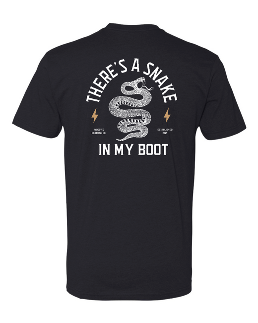 Black Snake In My Boot Next Level T-Shirt by Corner of Main featuring a graphic of a snake inside a boot, casual unisex fit.