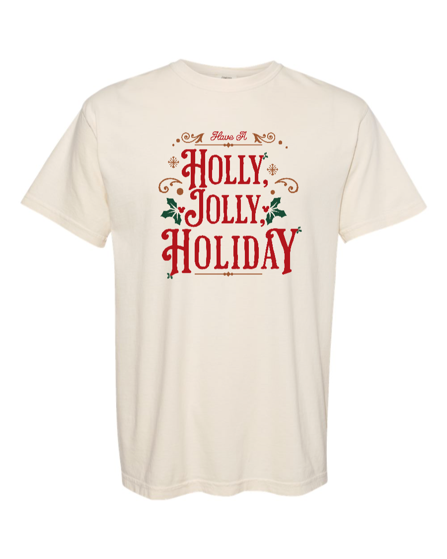 Ivory cotton T-shirt by Corner of Main featuring Holly Jolly Holiday design, casual fit, and comfortable fabric.
