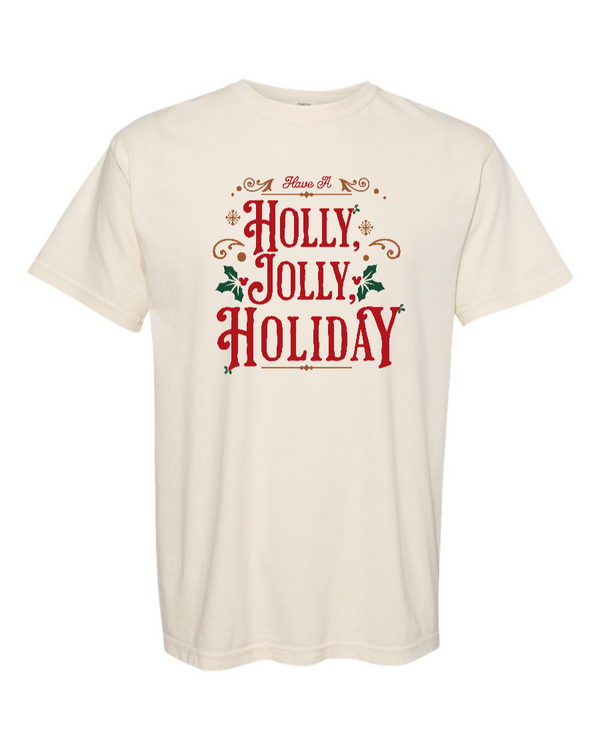 Ivory cotton T-shirt by Corner of Main featuring Holly Jolly Holiday design, casual fit, and comfortable fabric.