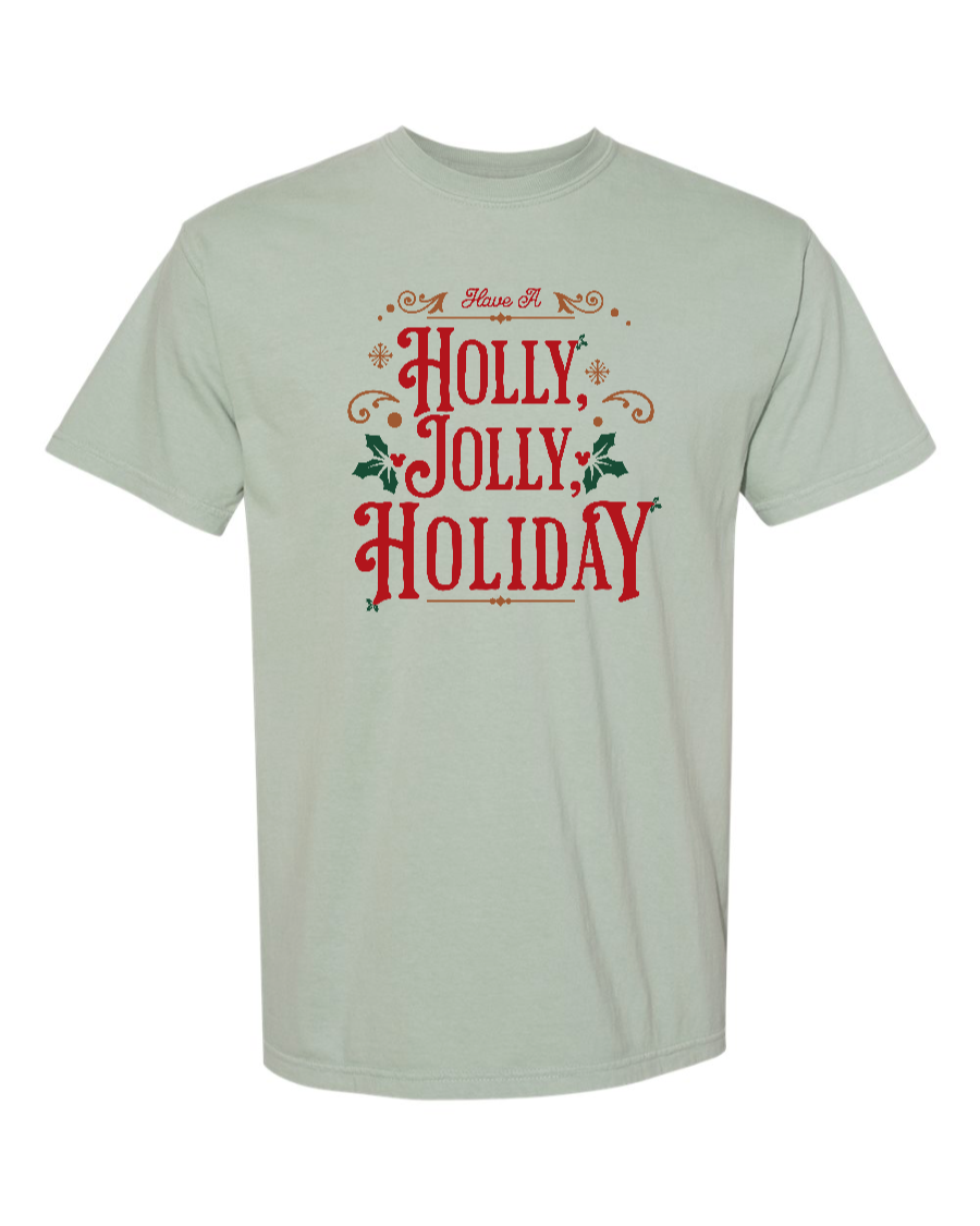 Corner of Main Holly Jolly Holiday cotton T-shirt featuring festive holiday design, 100% cotton, comfortable and stylish.