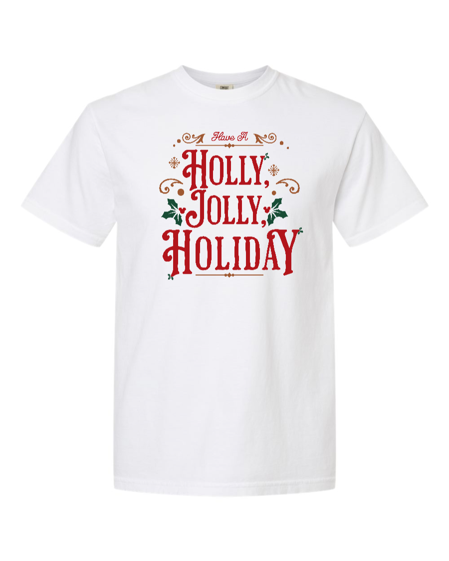 White Holly Jolly Holiday cotton T-shirt by Corner of Main, featuring festive holiday design and comfortable fit.