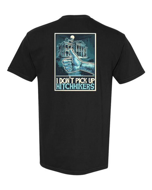 Black Haunted Mansion Hitchhiking Ghosts T-Shirt by Corner of Main featuring spooky ghost illustrations on the back.