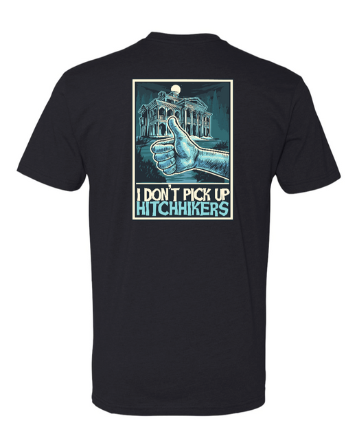 Black Haunted Mansion Hitchhiking Ghosts T-shirt by Corner of Main featuring spooky hitchhiking ghosts from Disney's Haunted Mansion.