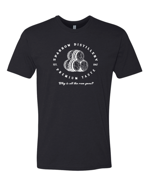 Black Sparrow Distillery Next Level T-Shirt by Corner of Main, front view showing logo design and casual fit.